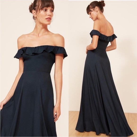 Reformation Verbena Off Shoulder Ruffle Maxi Gown Wedding Navy Size 10 EUC - Picture 7 of 7